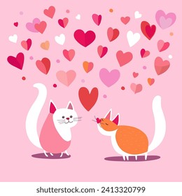 Happy Valentine's Day vector illustration with cute funny cats in love with pink hearts around. Couple of cats on pink background, hearts around, for posters, banners, cards, flyers