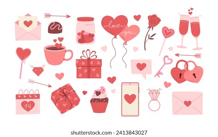 Herzlichen Glückwunsch Valentinstag, Vektorgrafik Set. Dekorative Elemente für Einladung, Grußkarte, Postkarte. Herz, Umschlag, Ballon, Süßigkeiten, Getränke, Geschenkbox, Nachricht, Vorhängeschloss und Schlüsselsymbole 