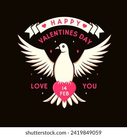 Happy valentines day. Vector illustration. Vintage with dove holding heart. Template for Valentine s Day greeting card, banner, poster, flyer with dove holding heart