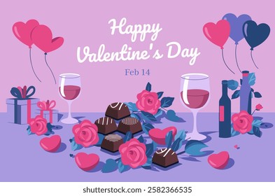 Happy Valentine's Day Vector Illustration Template - Romantic Wine Dinner in Purple Theme with Text Invitation Card for Social Media, Banners, and Festive Promotions lover