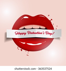 Happy Valentine's Day vector illustration, red seductive lips holding a paper banner on light background