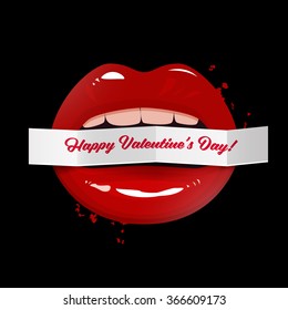 Happy Valentine's Day vector illustration, red seductive lips holding a paper banner on dark background