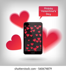 Happy Valentines Day. Vector illustration with smart phone and hearts. Red heart pattern on screen of telephone. Romantic symbol of love. Design for poster, card or print.