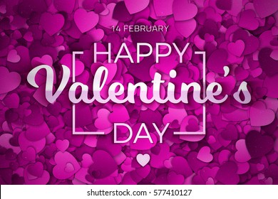 Happy Valentine's Day Vector illustration. Abstract Purple, Violet and Lilac Textured 3d Hearts and Text Background