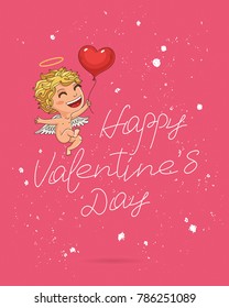 Happy Valentine's day. Vector illustration on a pink background. Cute handsome angel with wings. Lettering and calligraphy. Excellent festive gift card.