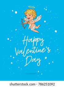 Happy Valentine's day. Vector illustration on a blue background. Cute handsome angel with wings. Lettering and calligraphy. Excellent festive gift card.