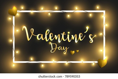 Happy Valentine's Day vector illustration. Valentine's Day abstract and golden hearts. Yellow ligts shinning. EPS 10