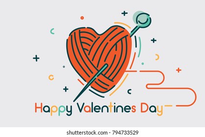 Happy Valentines Day vector illustration. Ball of threads in heart shape. Flat line style