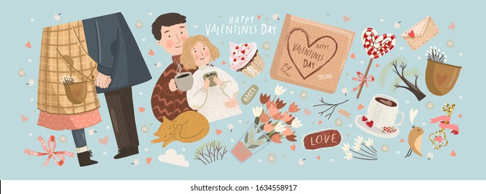 Happy Valentine's day! Vector illustrations for the spring holiday of love - February 14th. Drawings of couple with coffee, kissing on a date, valentine, flowers, isolated holiday objects
