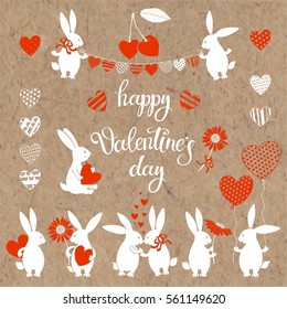 Happy Valentine's Day. Vector isolated elements and lettering for design on kraft paper background.