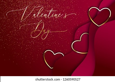 Happy Valentines Day. Vector layered template with glitter and golden hearts. Valentines Day Banner or Greeting Card Template.