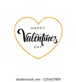 Happy Valentine's Day Vector Lettering. Hand written Greeting Card Template for Valentine's day. Modern Calligraphy. Bright Gold Shiny Heart.