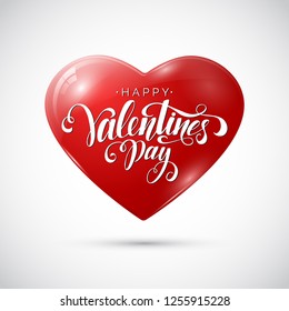 Happy Valentine's Day Vector Lettering with Red Helium Balloon Isolated on White. Valentine's Day Card Template. 3d Realistic Glossy Balloon.