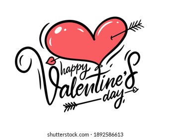 Happy Valentines day vector lettering and red heart. Hand draw black and red colors illustration.