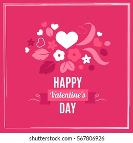 Happy Valentines Day. Vector love background with hearts and flowers. Creative design for party invitation, greeting card, poster and banner