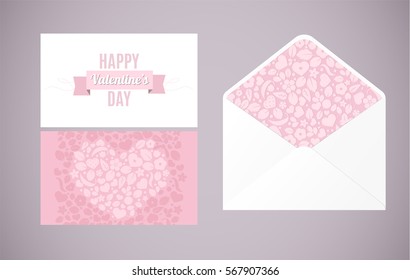 Happy Valentines Day. Vector love background with hearts and flowers postal card set and envelope. Creative design for party invitation, greeting card,