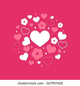 Happy Valentines Day. Vector love background with hearts and flowers circle. Creative design for party invitation, greeting card, poster and banner
