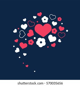 Happy Valentines Day. Vector love background with hearts and flowers quote. Creative design for party invitation, greeting card, poster and banner