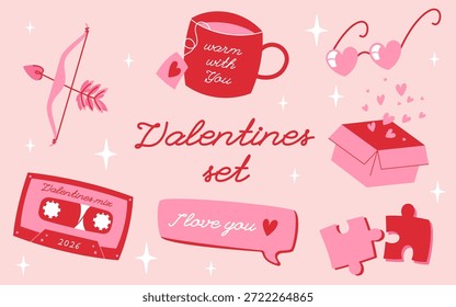 Feliz día de San Valentín Vector minimalista conjunto con arco, taza, gafas, casete, mensaje emergente sms y piezas de rompecabezas 