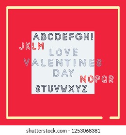 Happy Valentines Day. Vector of modern abstract font and alphabet. White square on a coral background.