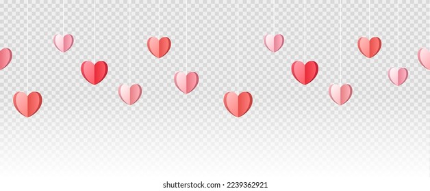 Happy Valentine's Day. Vector multicolor hanging hearts on an isolated transparent background. Paper elements, paper decoration. Vector illustration concept