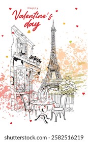 Happy Valentines day vector Paris  Eiffel tower Lovers spot creative hand drawing art 