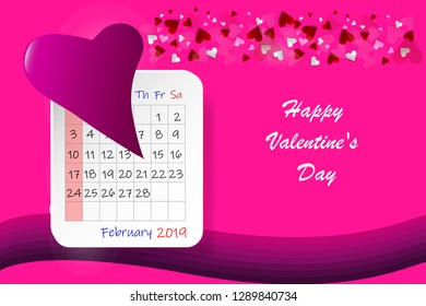 Happy Valentine's Day vector with pink hearts and calendar sheet with bent pink heart showing number 14  on the left side. All is on a trendy pink background