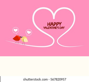 Happy Valentine's Day. Vector Pink Greeting Card with Kissing Birds and Heart Symbol.