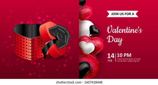 Happy Valentine's Day. Vector postcard invitation with realistic packaging box and heart-shaped balloons. Red background, black and white balloons