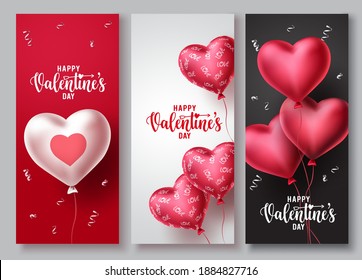 Juego de fondo del cartel del vector del día de las tarjetas de San Valentín feliz. Colección de fondo del saludo de San Valentín de texto con los corazones modelan globo y los elementos de patrones. Ilustración vectorial.