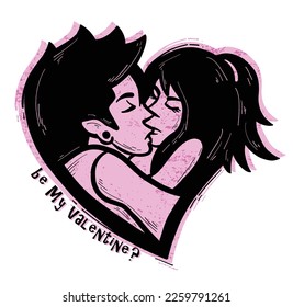 Happy Valentine's Day. Vector punk style logo, badge, symbol of rock and roll lovers hugging and kissing in love shape. design element for grunge flyers and posters design or ransom notes.