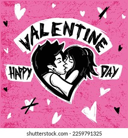 Feliz Día de San Valentín. Escritura de tipografía de estilo vectorial punk con adoradores de rock y roll abrazándose y besándose en símbolo de amor. para los folletos grunge y carteles de diseño o notas de rescate.