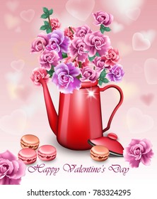 Happy Valentines Day Vector realistic card with peony flowers and macaroons