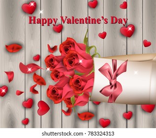 Happy Valentines Day Vector realistic card with Red hearts and roses