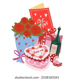 Happy Valentine's Day vector retro greeting cards. A bouquet of roses, a bottle of wine, a gift box, a greeting card and cake. Aesthetics love design for 14 February holiday. Valentine's Day gifts