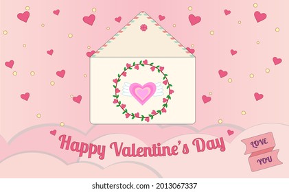Happy Valentine's Day! Vector romantic letter envelope icon. In the envelope is a heart with wings and a wreath of flowers on pink background. Illustration of a love letter in flat style.