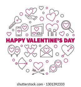 Happy Valentine's Day vector round concept illustration in thin line style