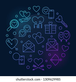Happy Valentine's Day vector round colorful outline illustration on dark background