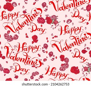 Happy Valentine's Day vector seamless pattern. Typography illustration with red and pink roses and falling petals on light pink background.