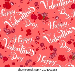 Happy Valentine's Day vector seamless pattern. Typography illustration with red and pink roses and falling petals on pink background.