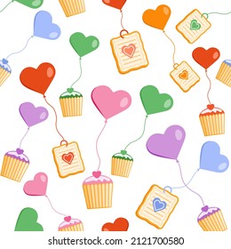 Happy Valentines Day vector seamless pattern. Illustration Balloons, cookies, hearts. Homemade Bake dessert. Sweet food, biscuit. Romantic sweets. Love concept. Together. Couple in love. Relationship