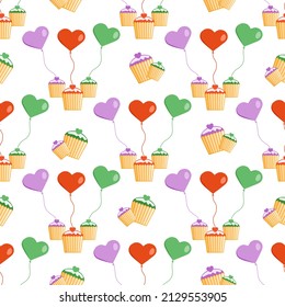 Happy Valentines Day vector seamless pattern. Illustration Balloons, muffins with hearts. Cupcake. Bake dessert. Sweet cream food, biscuit. Romantic sweets. Together. Couple in love. Relationship