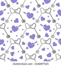 Happy Valentines Day vector seamless pattern. Illustration Keys in heart shape, hearts with an arrow. Romantic, love, relationship, dating concept. Together. Couple in love