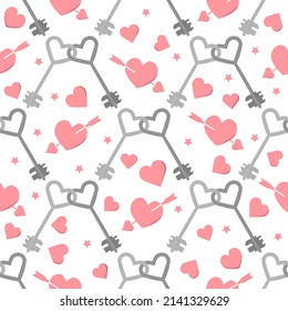 Happy Valentines Day vector seamless pattern. Illustration Keys in heart shape, hearts with an arrow. Romantic, love, relationship, dating concept. Together. Couple in love