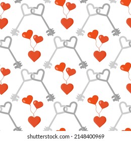 Happy Valentines Day vector seamless pattern. Illustration Keys, balloons in heart shape, hearts. Romantic, love, relationship, dating concept. Together. Couple in love
