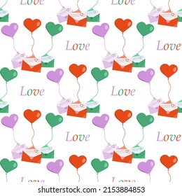 Happy Valentine's Day vector seamless pattern. Illustration Envelope with love letter, balloons in heart shape. Valentine card. Romantic, relationship, dating concept. Together. Couple in love
