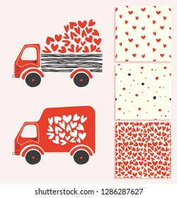 Happy Valentine's day vector set. Delivery cars with hearts. Patterns.