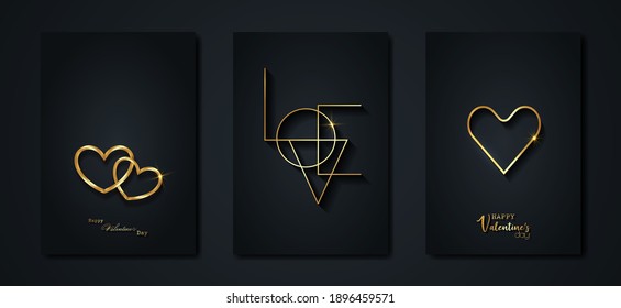 Happy Valentines day vector set greeting card. Gold heart on black background. Golden holiday poster with text, jewels. Concept for Valentines banner, flyer, party invitation, jewelry gift shop