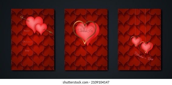 Happy Valentines day vector set greeting card. Gold and red hearts on red background. Golden luxury holiday poster with text, jewels. Concept for Valentines banner, flyer, party invitation, gift shop