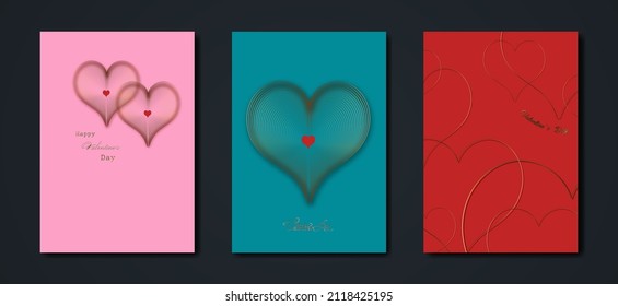 Happy Valentines day vector set greeting card. Gold heart on red, green, pink background. Golden holiday poster with text.  Concept for Valentines banner, flyer, party invitation, jewelry gift shop